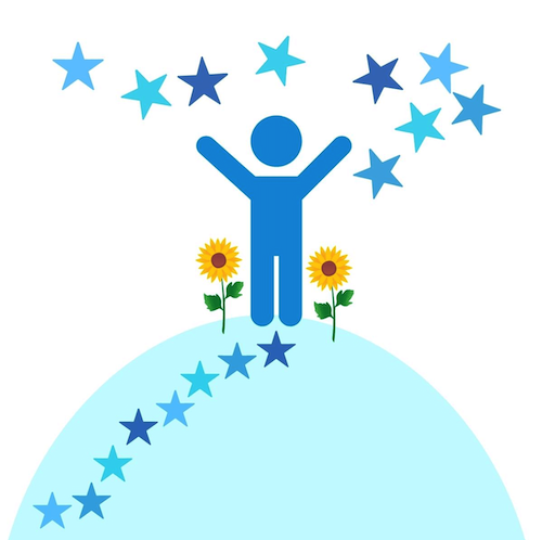 happy figure standing on top of a hill celebrating with happyStars